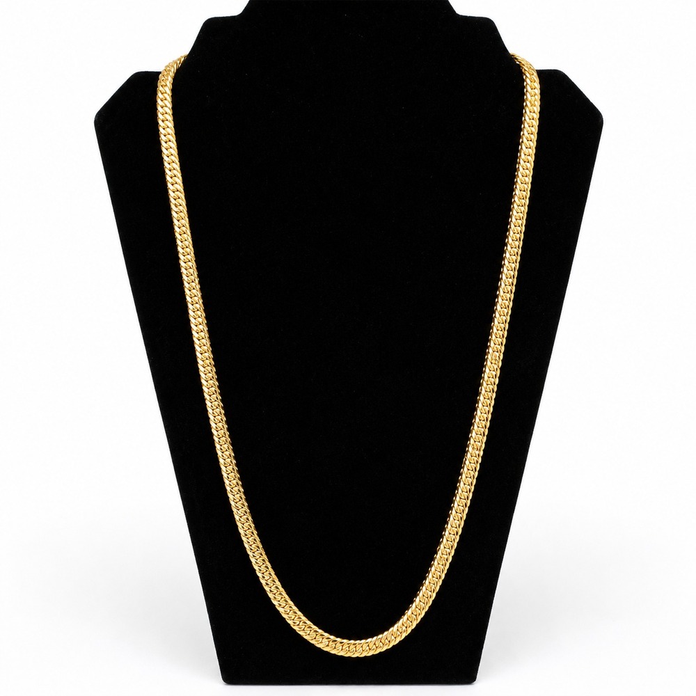 Gold Tone Flat Herringbone Chain Necklace 30 Inch Textured Link Vintage Style